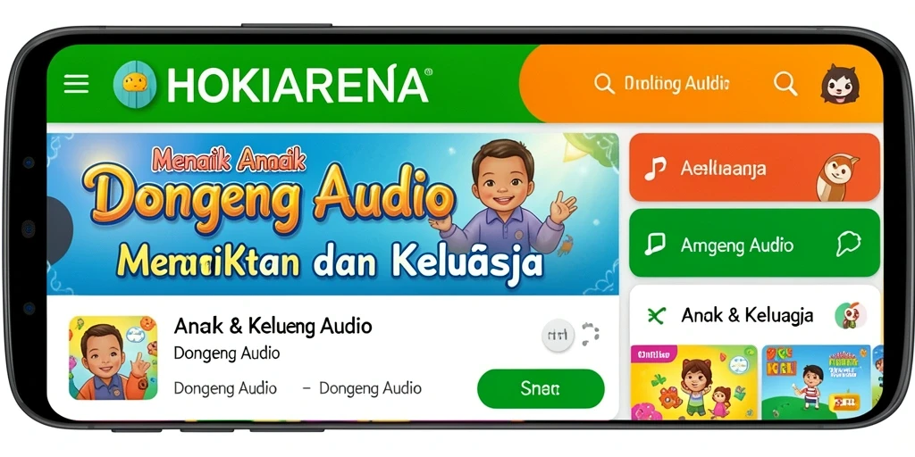 Antarmuka HOKIARENA menampilkan daftar dongeng audio yang menarik dan mudah diakses.